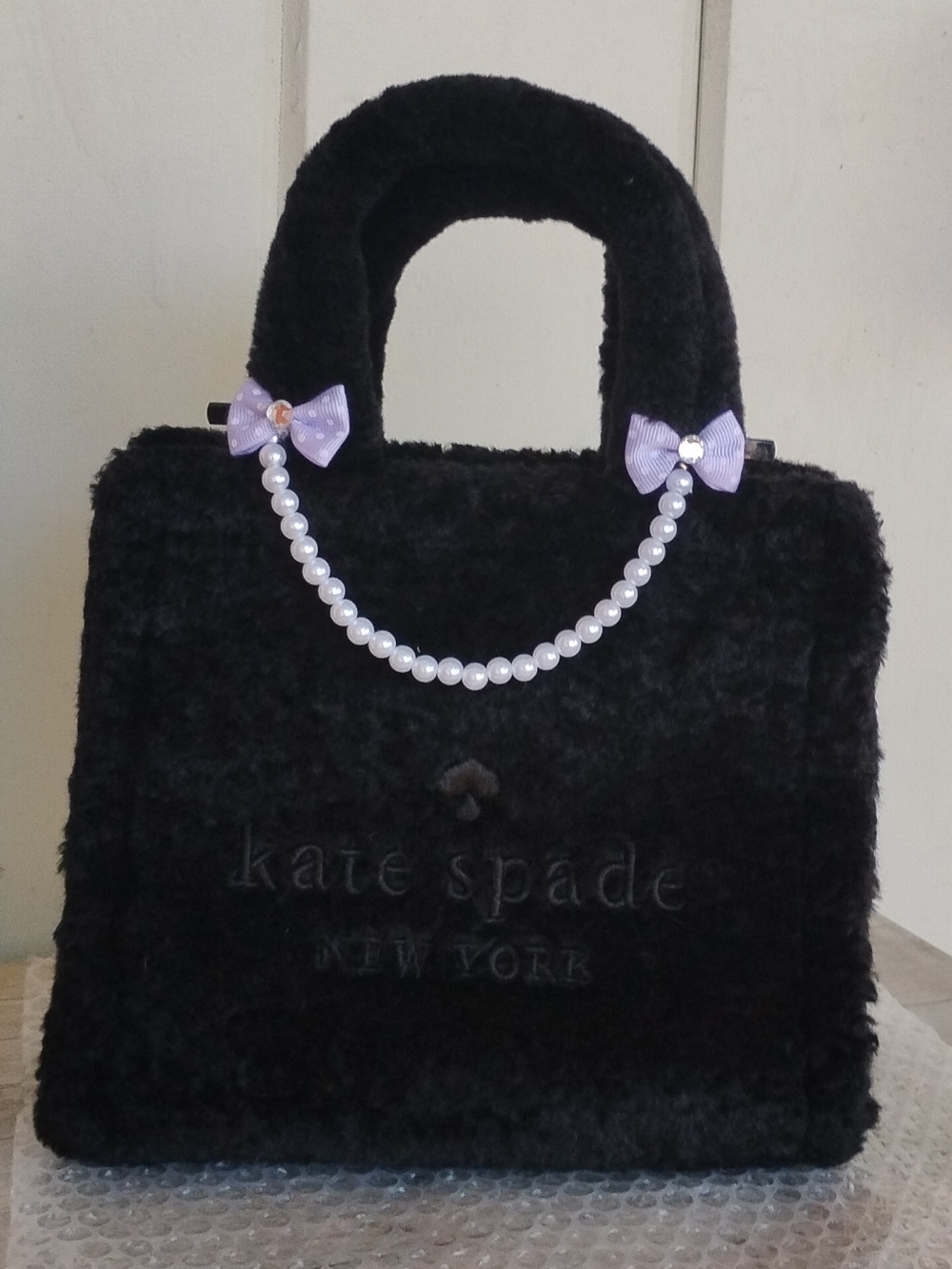 Kate Spade NY Ellie Faux Fur Mini Tote Black + Bag Charm + Bows